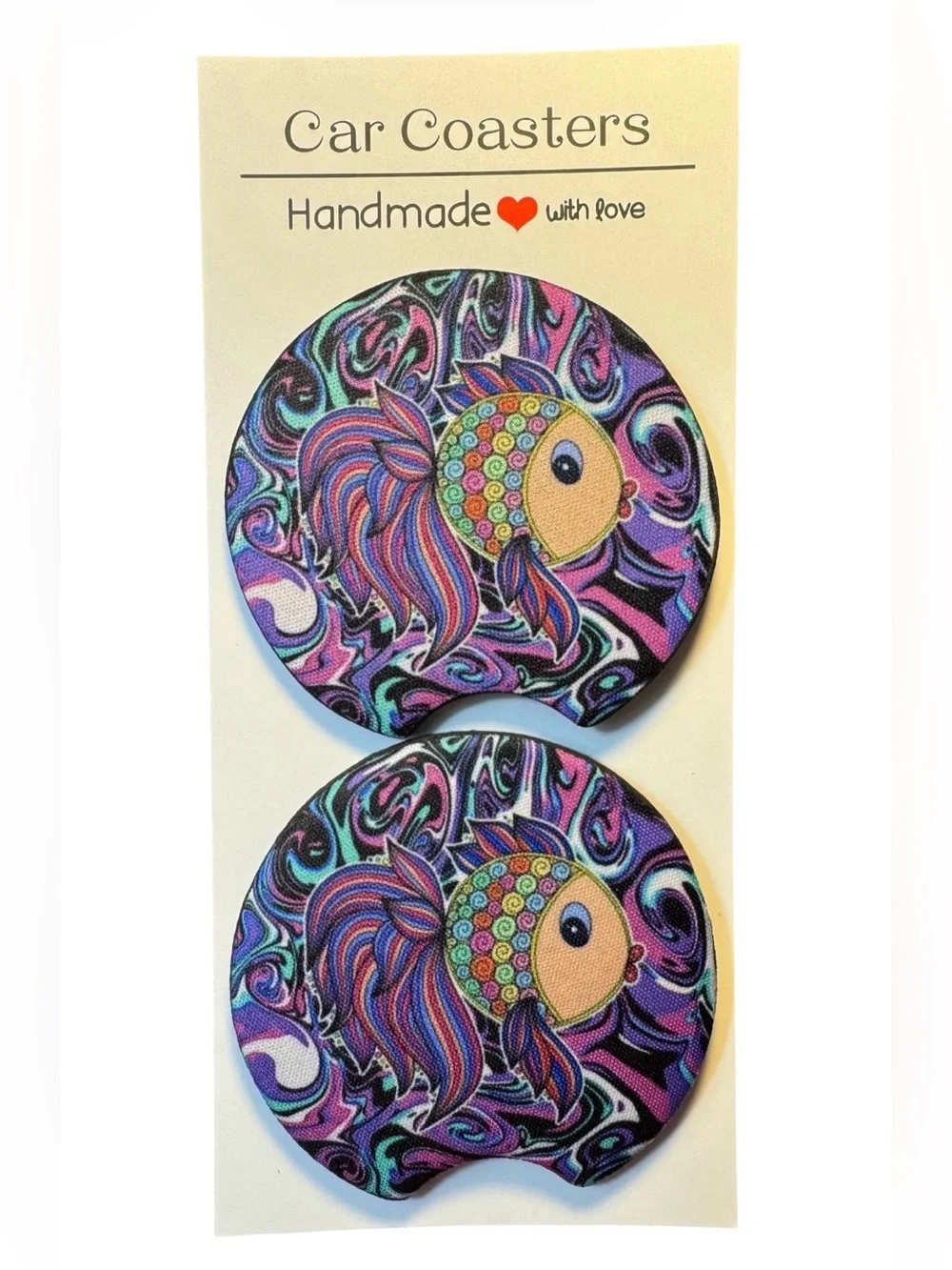 Psychedelic Fish Multicolor Car Cup Holder Coasters Set Of 2 New